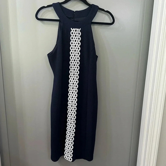 Eliza J Navy Dress Circle Eyelet High Neck Sheath Dress Size 8 - Picture 2 of 6
